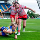 Ruby Walker scores for Leeds Rhinos in last week's Women's Super League win against Leigh Leopards at AMT Headingley. Picture by Allan McKenzie/SWpix.com.