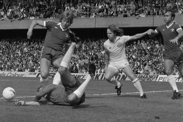 Leeds United's Arthur Graham (centre, white shirt) battles Chelsea centre-half Steve Wicks (left), goalkeeper Peter Bonetti, and defender Ron Harris (far right). The three all featured in last weekend's edition of The Big Match Revisited (Picture: Peter Cade/Central Press/Hulton Archive/Getty Images)