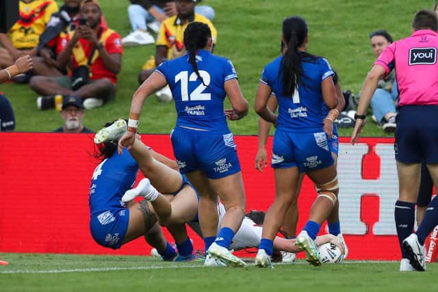 Leeds Rhinos' Evie Cousins scores a try against Samoa. Picture by David Neilson/SWpix.com.
