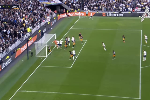 Illan Meslier collides with two Spurs players in mid-air as he punches clear at a corner. Harry Kane brings the ball down and fires into the unguarded net. (Pic: LUTV)