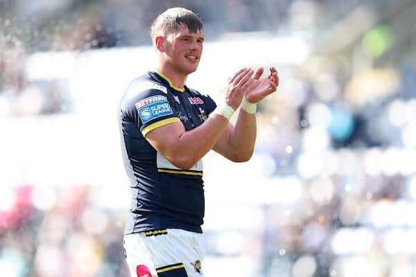 Tom Holroyd, cooled down by by Headingley's sprinkler system, applauds fans at the end of the win over Warrington. More than 15,000 turned up to the Sunday afternoon triple-header. Picture by John Clifton/SWpix.com.
Leeds Rhinos'