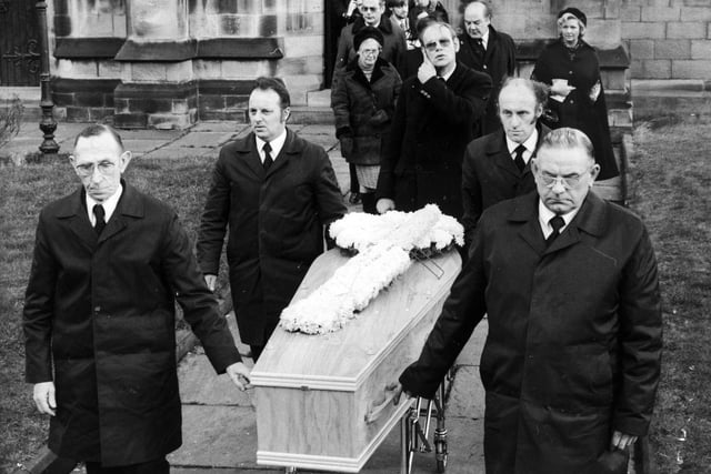 Family mourners, cricket personalities and members of the public attended the funeral in Otley of former Yorkshire and England batsman, Herbert Sutcliffe in January 1978.