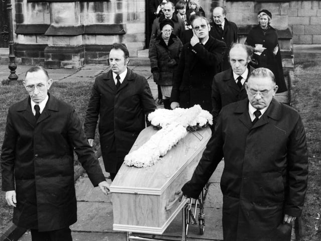 Family mourners, cricket personalities and members of the public attended the funeral in Otley of former Yorkshire and England batsman, Herbert Sutcliffe in January 1978.