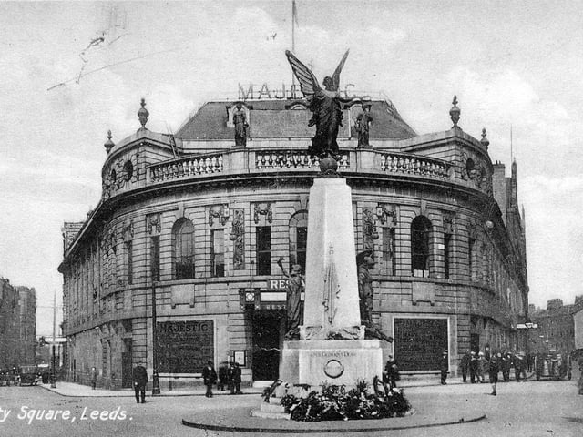 An undated postcard view of City Square centred on the War Memorial with the Majestic Cinema behind. Wellington Street is to the left and Quebec Street to the right. The War Memorial by Henry Charles Fehr was unveiled on October 10, 1922. It was removed to the Garden of Rest on The Headrow in 1937. The Majestic, which housed a ballroom and a restaurant as well as a cinema, also opened in 1922, on June 5. After the cinema closed in 1969 it became Top Rank Bingo and then a nightclub. Now the home of Channel 4.