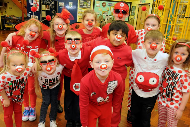 Youngsters from Hedworth Lane Primary School looking the part for Red Nose Day 7 years ago.