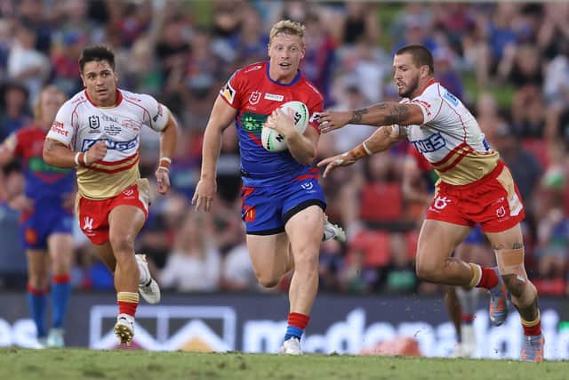 Lachie Miller on the ball for Newcastle Knights during their home NRL round three meeting with Dolphins on March 17, 2023. Picture by Scott Gardiner/Getty Images.