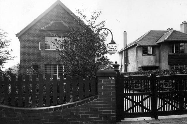 Street Lane showing nos. 365 and 367. 365 on the left is a detached house, the residence of C.R. Sharp, joiner and funeral director, while 367 is one half of a pair of semi-detached houses.. Pictured in August 1939.