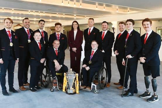 The Princess of Wales meets the England wheelchair rugby league team at Hampton Court Palace, London. Picture by Simon Wilkinson/SWpix.com.