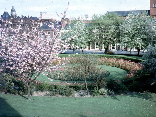 This springtime view of Woodhouse Square was taken from a window of property on Claremont Avenue. The view looks left across the Inner Ring Road and Great George Street. The conical tower far left and red brick building belongs to the former Centaur Clothing Factory.