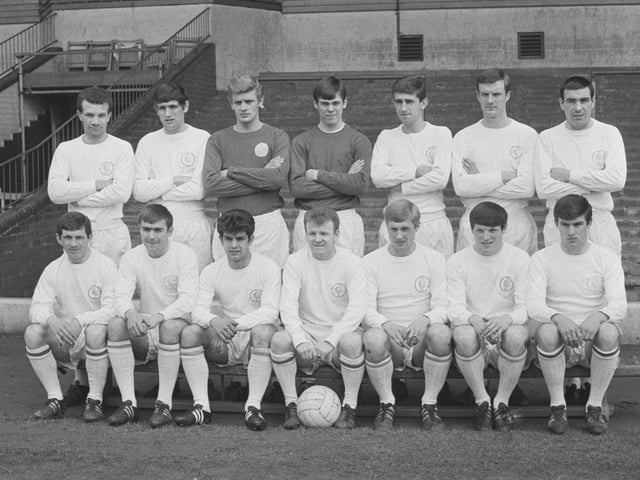 The Leeds United FC football team, UK, 29th April 1967. From left to right (back row) Paul Reaney, Norman Hunter, Gary Sprake, David Harvey, Rod Belfitt, Paul Madeley and Willie Bell; (front row) Johnny Giles, Terry Cooper, Mick Bates, Billy Bremner, Jimmy Greenhoff, Eddie Gray and Peter Lorimer. (Photo by Evening Standard/Hulton Archive/Getty Images)