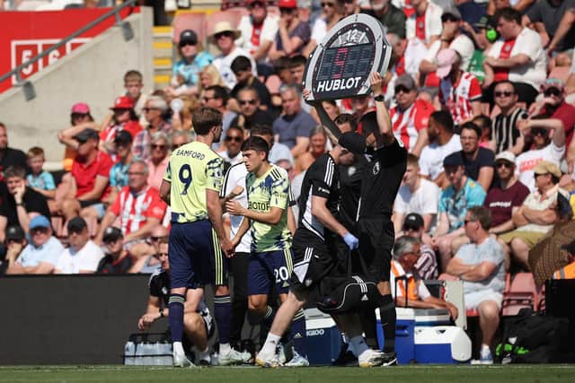 SOUTHAMPTON, ENGLAND - AUGUST 13: Patrick Bamford of Leeds United interacts with Daniel James of Leeds United after being substituted off during the Premier League match between Southampton FC and Leeds United at Friends Provident St. Mary's Stadium on August 13, 2022 in Southampton, England. (Photo by Eddie Keogh/Getty Images)
