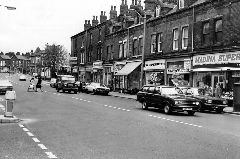 A parade of shops in Roundhay Road looking towards the junction with Roseville Road in April 1980.