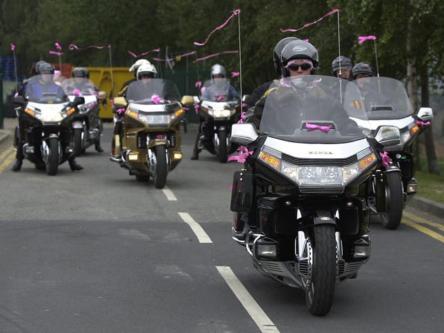 Members of the Gold Wing Owners Club (Yorkshire region) leaving ASDA at Glasshoughton, Castleford, on their fundraising ride in aid of the Tickle Pink breast cancer charity, pictured on September 14, 2002.