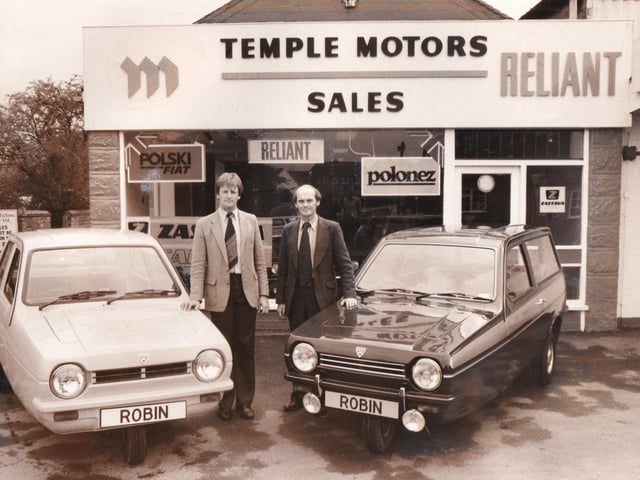 Salesman Brian Gouldsborough (left) and Alan Jones outside Temple Motors pictured in May 1981.