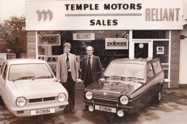 Salesman Brian Gouldsborough (left) and Alan Jones outside Temple Motors pictured in May 1981.