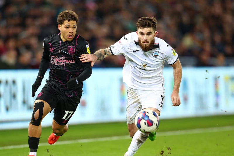 Alongside Hamer as one of the division's most creative players during 2022/23, Swansea left-back Ryan Manning (R) racked up ten league assists in the Championship last term, six of which came from crosses. It is a position which has consistently been a problem for Leeds and with Manning out of contract in a matter of weeks, Leeds will face a battle for his signature, should they declare their interest, but should certainly be in for the Irish international. (Photo by Dan Istitene/Getty Images)