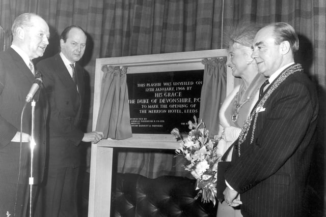 The Duke of Devonshire opening the Merrion Hotel in January 1966. Pictured, from left is John Davis (Chairman of the Rank Organisation) the Duke, Alderman and Mrs WR Hargrave (Lord Mayor and Lady Mayoress of Leeds). They are gathered around the plaque which has just been unveiled.