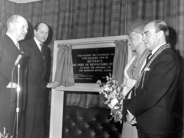 The Duke of Devonshire opening the Merrion Hotel in January 1966. Pictured, from left is John Davis (chairman of the Rank Organisation) the Duke, Alderman and Mrs WR Hargrave (Lord Mayor and Lady Mayoress of Leeds). They are gathered around the plaque which has just been unveiled.