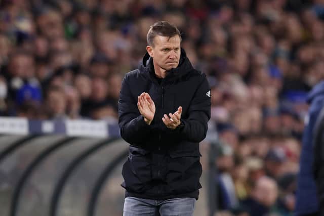 LEEDS, ENGLAND - JANUARY 04: Jesse Marsch, Manager of Leeds United applauds the fans during the Premier League match between Leeds United and West Ham United at Elland Road on January 04, 2023 in Leeds, England. (Photo by George Wood/Getty Images)