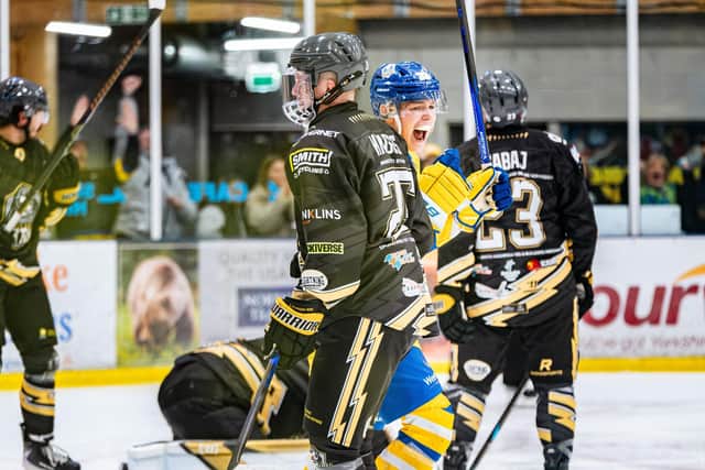 BIG WEEKEND: FInn Bradon celebrates his goal in the 6-2 win for Leeds over Milton Keynes at The Castle back in October. Picture: Kev Bland/Knights Media.