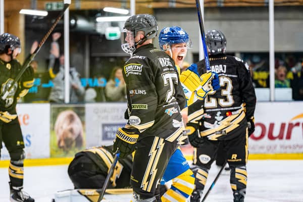 BIG WEEKEND: FInn Bradon celebrates his goal in the 6-2 win for Leeds over Milton Keynes at The Castle back in October. Picture: Kev Bland/Knights Media.