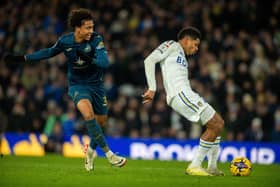 WAIT OVER: As Leeds United striker Georginio Rutter, right, brilliantly holds off Swansea City's Bashir Humphries, left, before coolly slotting home his first Whites goal scored at Elland Road. Photo by Bruce Rollinson.