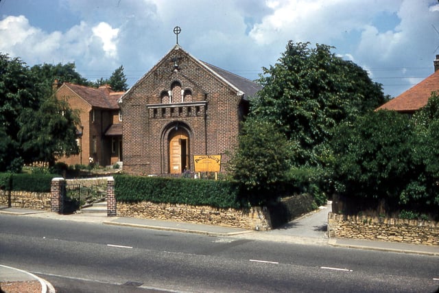 St. Brigid's Roman Catholic Church on Elland Road in June 1960. To the left of the brick built church is the Presbytery and at the right edge part of a house numbered as 94 Elland Road.