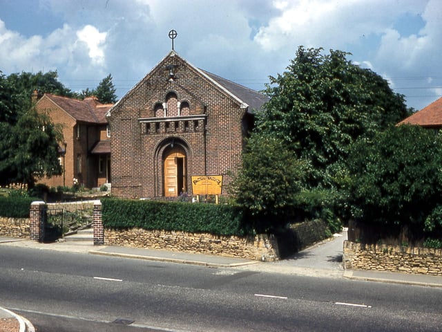 St. Brigid's Roman Catholic Church on Elland Road in June 1960. To the left of the brick built church is the Presbytery and at the right edge part of a house numbered as 94 Elland Road.