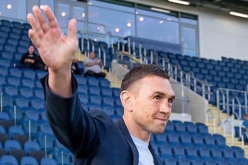 Kevin Sinfield waves to fans at a Rhinos game at Headingley in May. Picture by Allan McKenzie/SWpix.com.