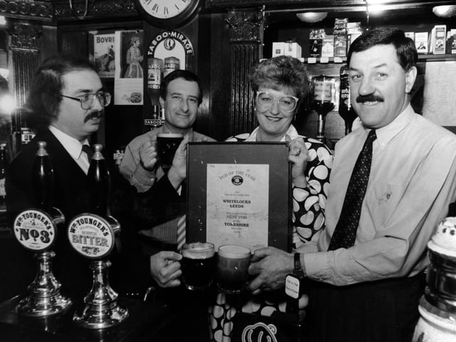 Whitelocks landlord Fred Cliffe, right, and wife Julia, receive the Campaign for Real Ale's best regional pub of the year award in January 1989.