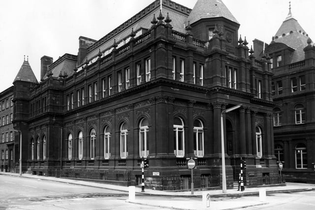 The Education Department, formerly the School Board Offices, at the junction of Great George Street, left, and Calverley Street, foreground right. George Corson was the winner of a competition to design this and the Municipal Buildings. His original intention was that it should be one great building fronting Calverley Street but the two buildings were re-designed because of the opposition to the closure of Alexander Street, right edge.