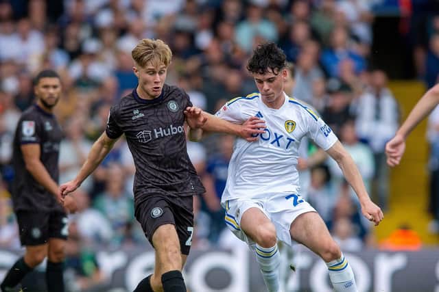 Sam Bell and Archie Gray challenge for the ball.
Leeds United v Bristol City.  SkyBet Championship.  Elland Road.
Picture by Bruce Rollinson
7 October 2023.