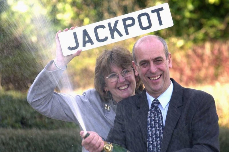 National Lottery winners Jackie and Colin Darbyshire of Sherburn-in-Elmet celebrate after scooping the jackpot of £1,561,567 in March 2002.