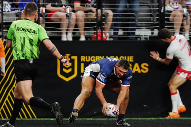 Ryan Hall's touchdown for Leeds Rhinos against Hull KR in Las Vegas has been voted Super League try of the month for February. Picture by Alex Whitehead/SWpix.com.