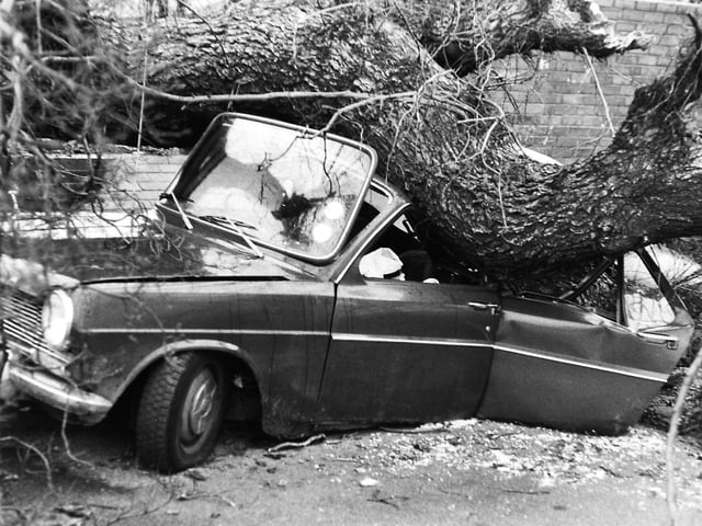 This motorist was left counting the cost on Woodhouse Lane after gales battered the city in February 1983.