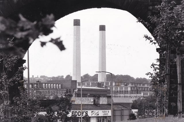 The chimneys in July 1986 ahead of demolition by experts from Leeds Demolition Company.