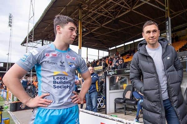 Jack Sinfield pictured with his father Kevin Sinfield after his debut away to Castleford Tigers last season. Picture by Allan McKenzie/SWpix.com.