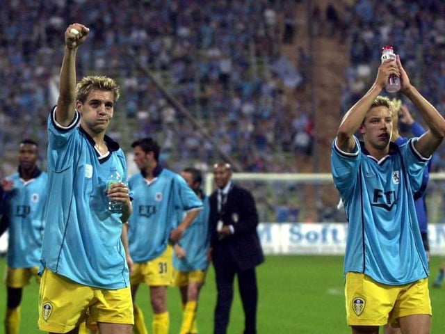 Young guns Jonathan Woodgate and Alan Smith lead the celebrations as United qualify for the UEFA Champions League proper with victory in the Third Qualifying Round against 1860 Munich (Picture Credit: Clive Brunskill/ALLSPORT)