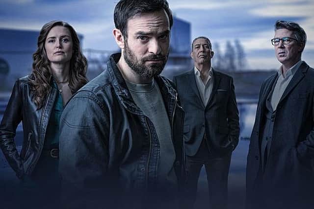 The cast of Irish crime drama Kin, which is on BBC iPlayer now. From left, Amanda Kinsella (Clare Dunne), Michael Kinsella (Charlie Cox), Eamon Cunningham (Ciaran Hinds), Frank Kinsella (Aidan Gillen) (Picture: BBC/Headline Pictures (Kin) Limited)