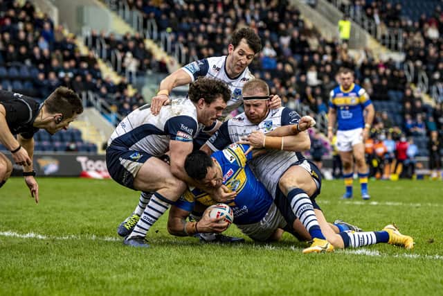 Zane Tetevano scored Rhinos' first try of the season, against Warrington in February. Picture by Tony Johnson.