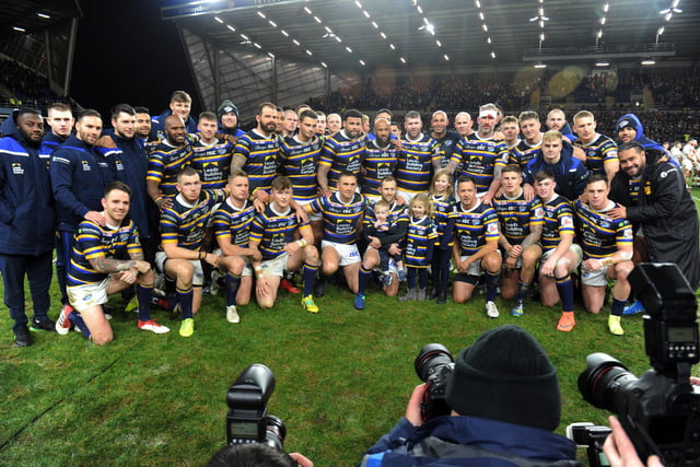 Rhinos' players line up for the cameras after the match.