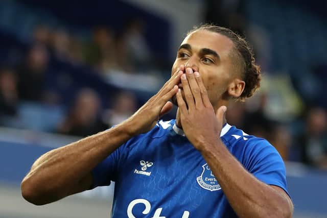 LIVERPOOL, ENGLAND - JULY 29: Dominic Calvert-Lewin of Everton celebrates scoring his teams first goal during the Pre-Season Friendly match between Everton and Dynamo Kyiv at Goodison Park on July 29, 2022 in Liverpool, England. (Photo by Jan Kruger/Getty Images)