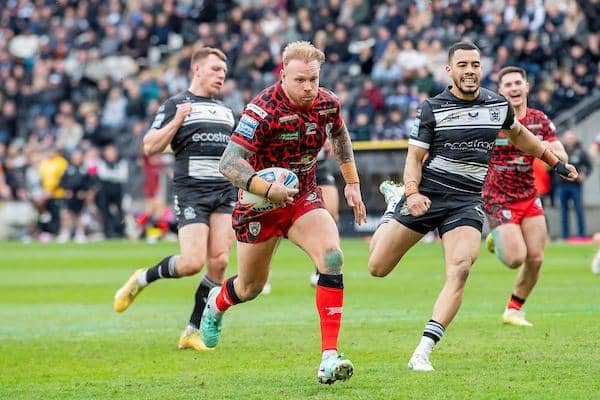 Oliver Holmes scores for Leigh Leopards at Hull FC in March. Picture by Allan McKenzie/SWpix.com.