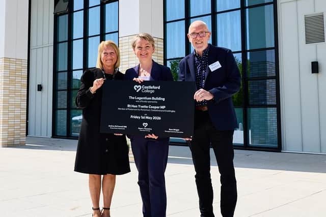 Sam Wright, Principal and Chief Executive of the Heart of Yorkshire Education Group (left) with MP Yvette Cooper,and Chair of Governors at Heart of Yorkshire Education Group, Andrew McConnell (right)