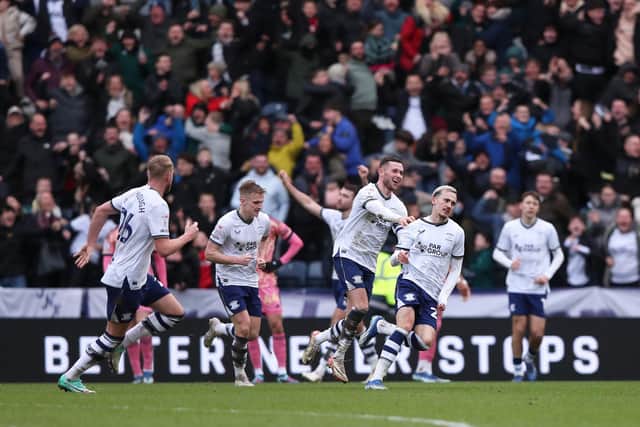 WHITES NEED: To extinguish the threat of Preston North End winger Liam Millar, second right, pictured celebrating after scoring the winning goal in Boxing Day's 2-1 victory against Leeds United at Deepdale. Picture by Tim Markland/PA Wire.