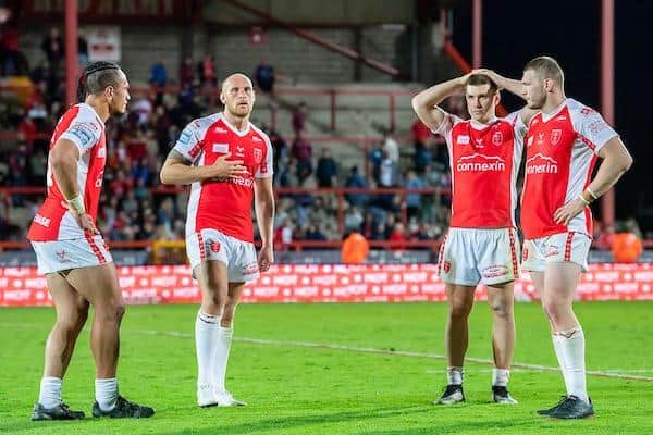 Hull KR's Jesse Sue, Dean Hadley, Tom Opacic and James Batchelor look shattered after their golden-point defeat by Wigan. Picture by Allan McKenzie/SWpix.com.