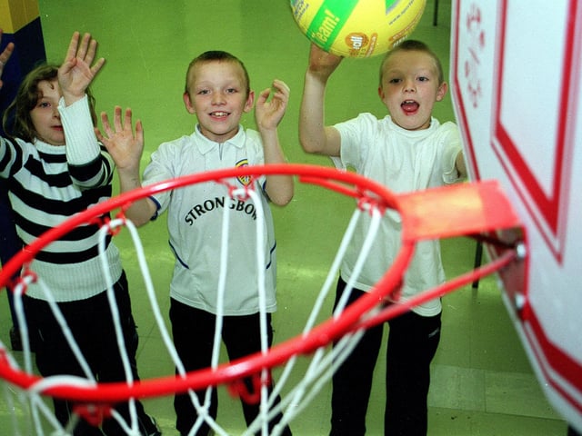 November 2002 and pupils from Hugh Gaitskell Primary hone their skills after the school received a basketball grant. Pictured, from left, are Holly Magas, Joe Kelly and Jamie Rowe.