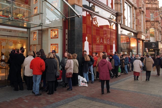 The queue for the Harvey Nichols sales on Boxing Day in December 1996.  The first person in the queue was Phil Dixon from  who was in search of a Jasper Conran suit.