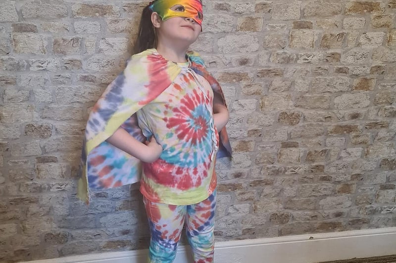 Danielle Jackson writes: "Elliemay Mccullagh, aged nine, as Rainbow Girl. She made the costume all by herself for superhero day at school."