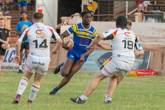 Neil Tchamambe pictured playing for Rhinos academy agianst Bradford at Odsal last month. Picture by Craig Hawkhead/Leeds Rhinos.